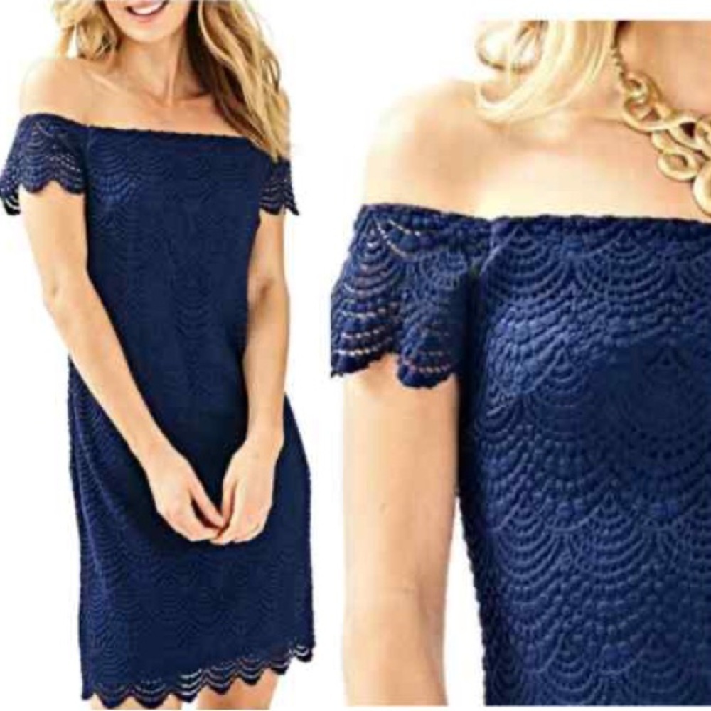 Lilly Pulitzer Jade Dress In True Navy Scalloped Shell Lace Size XS Off Shoulder - Picture 3 of 12